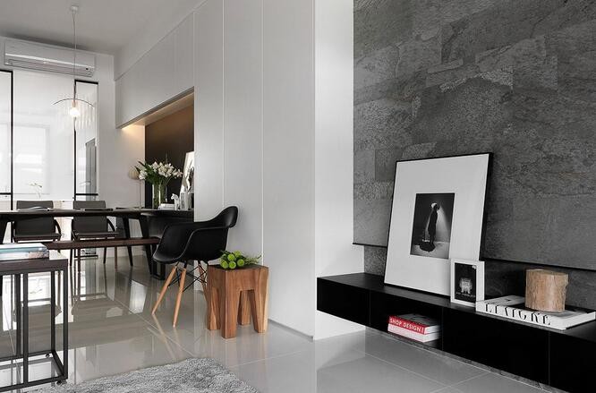 時(shí)尚立體現(xiàn)代簡(jiǎn)約風(fēng)格120平米復(fù)式loft客廳背景墻裝修效果圖